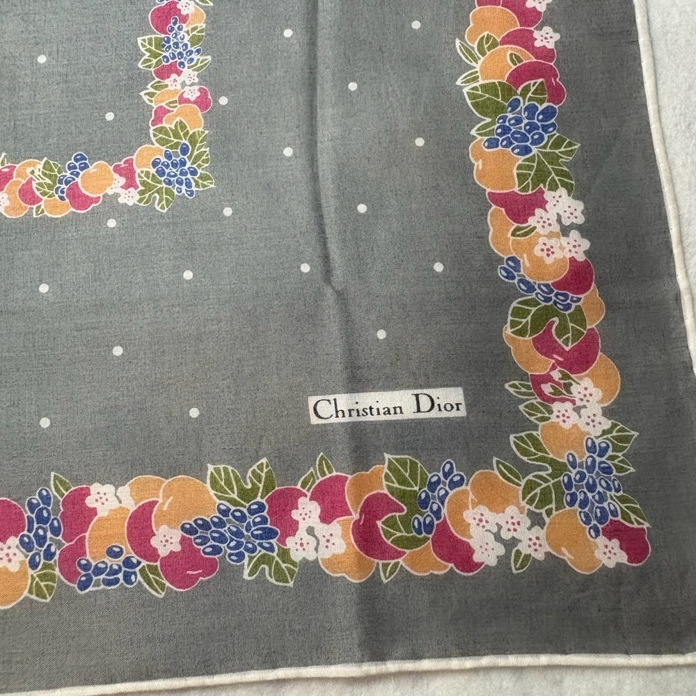 Vtg CHRISTIAN DIOR Scarf Handkerchief Fruit Floral Polka Dot Cotton Grey 18" - Picture 2 of 4
